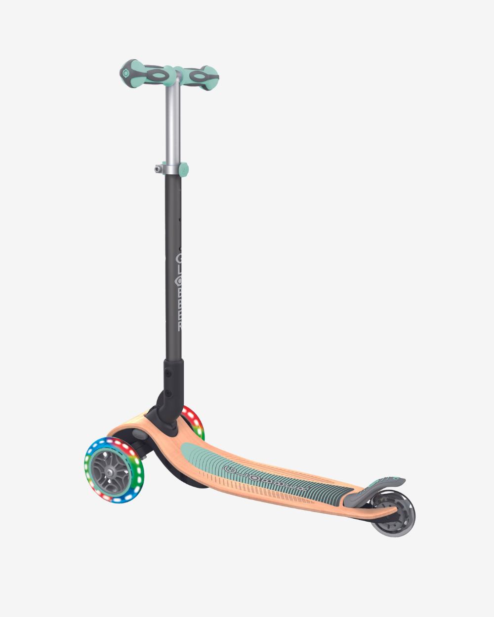 Globber Primo 3 Wheel Kids Scooter Foldable | Light Up Wood / Mint