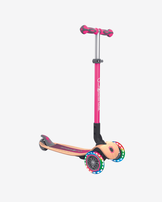 Globber Primo 3 Wheel Kids Scooter Foldable | Light Up Wood / Pink