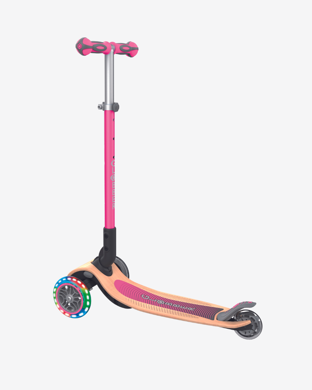 Globber Primo 3 Wheel Kids Scooter Foldable | Light Up Wood / Pink