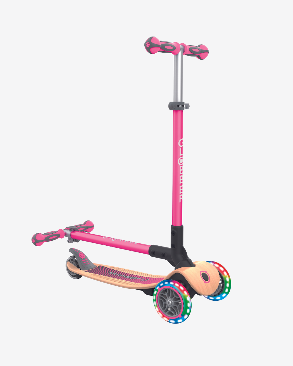 Globber Primo 3 Wheel Kids Scooter Foldable | Light Up Wood / Pink