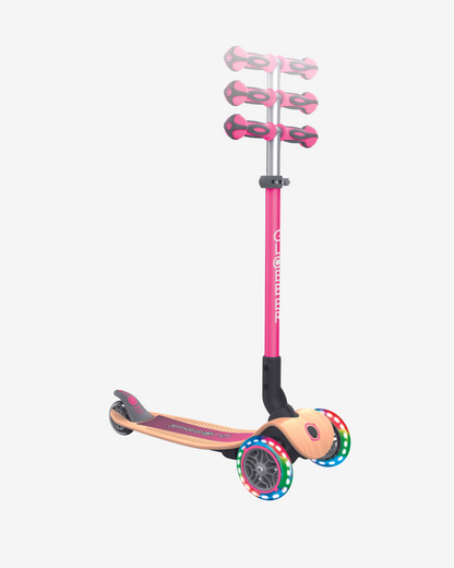 Globber Primo 3 Wheel Kids Scooter Foldable | Light Up Wood / Pink