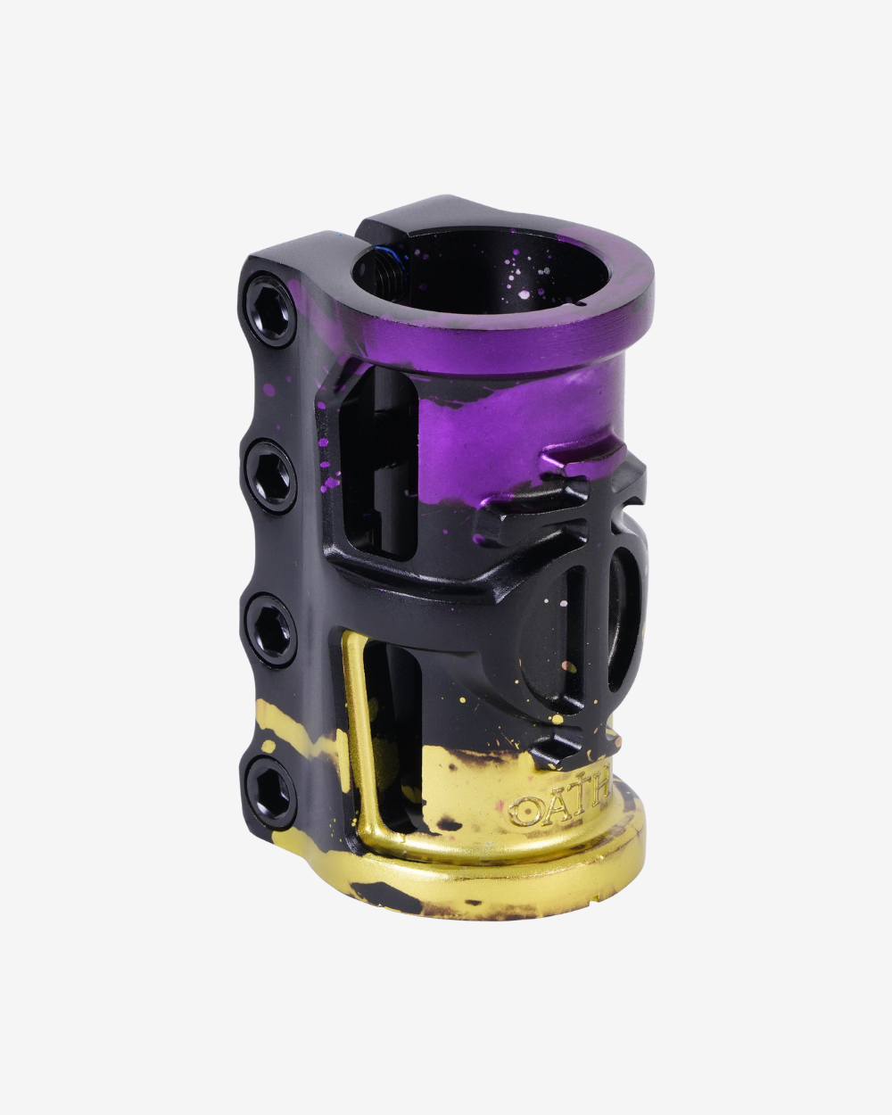 Oath Components | Cage V2 Alloy 4 Bolt SCS Clamp | Black/Purple/Yellow