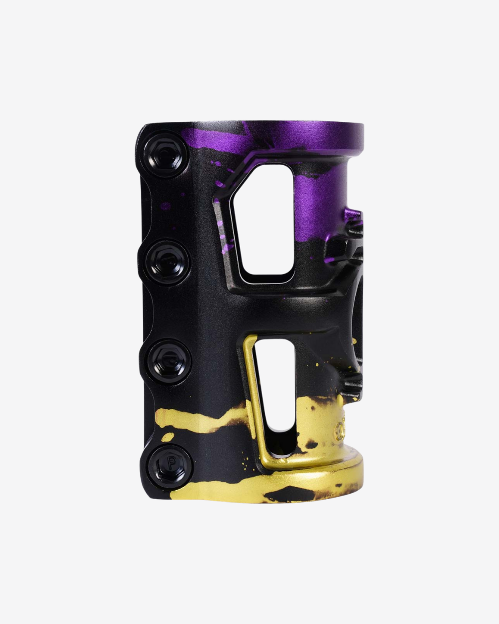 Oath Components | Cage V2 Alloy 4 Bolt SCS Clamp | Black/Purple/Yellow